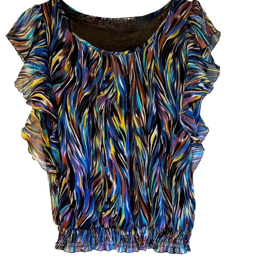Cato Multicolor Ruffle Sleeve Blouse - Blue, Black, Yellow, Purple - Picture 2 of 8